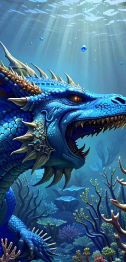 Vibrant blue sea dragon in underwater digital art.