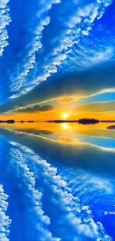 Stunning reflection of sunset over a serene lake with vibrant blue skies.