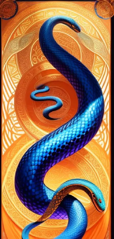 Blue snake on intricate orange background design.