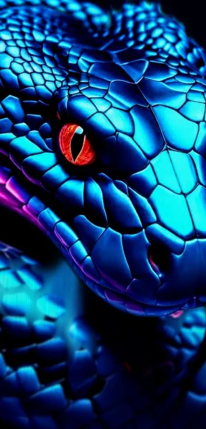 Vibrant blue snake with detailed scales and red eyes against a dark background.