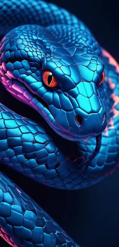 Vibrant blue snake with orange eyes on dark background.