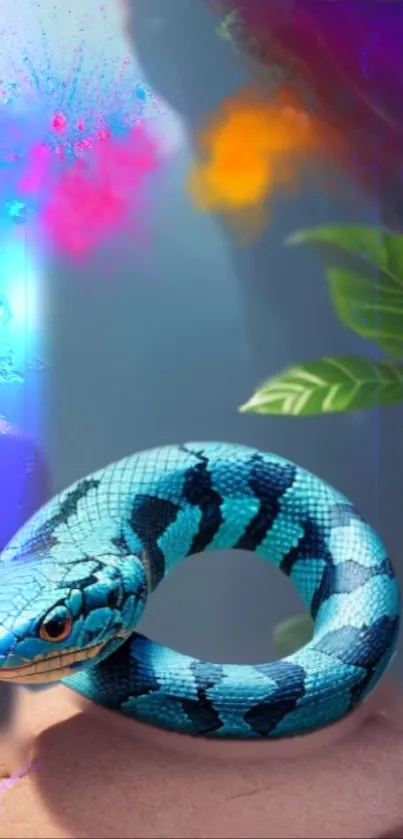 Vibrant blue snake in colorful digital jungle wallpaper.