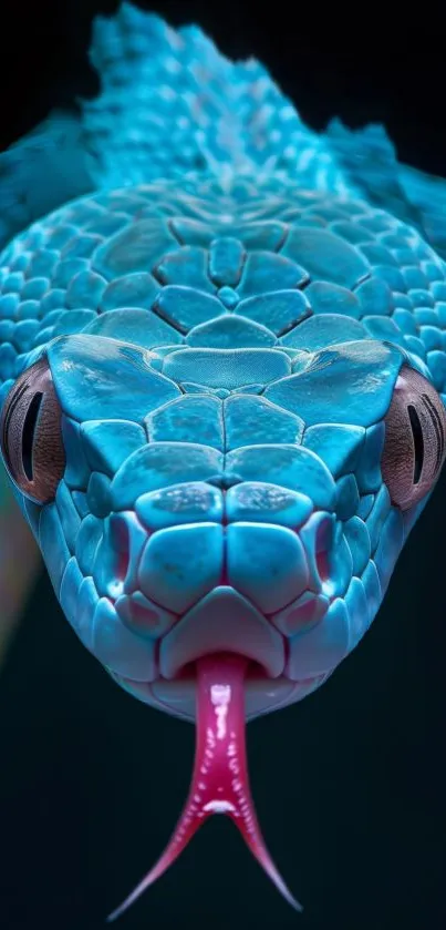 Vibrant blue snake with intricate scales and pink tongue.