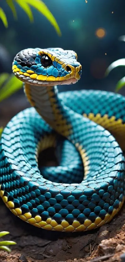 Vibrant blue snake in lush vegetation wallpaper.