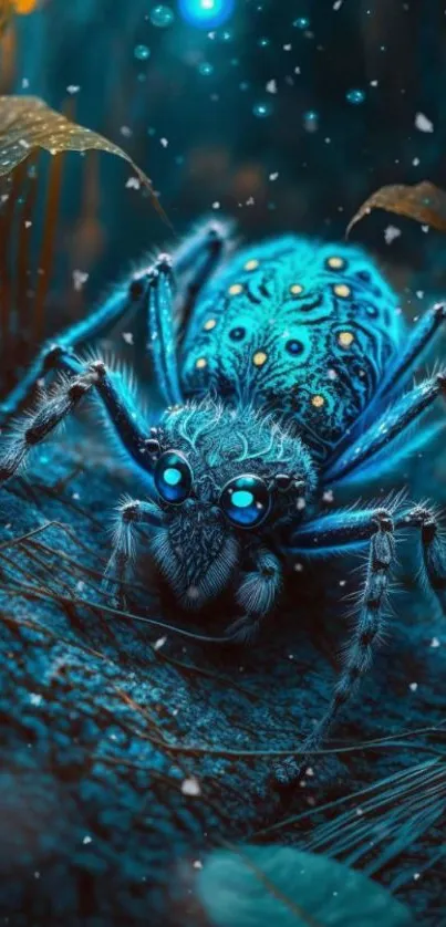 Intricate blue spider on a dark forest floor, vibrant and detailed.