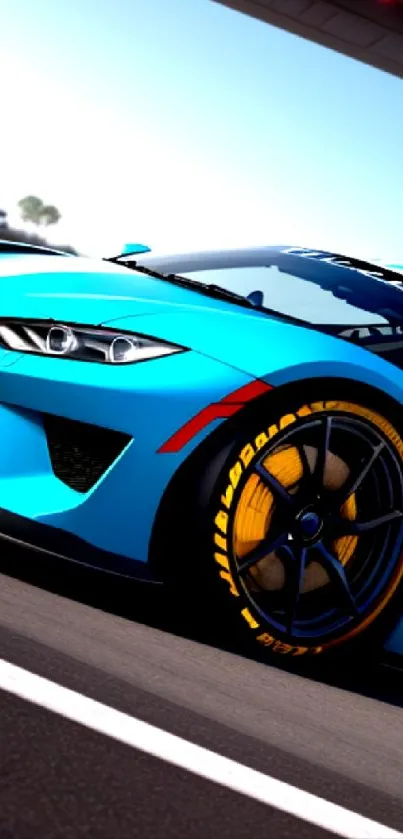 Vibrant blue sports car on racetrack, highlighting speed and dynamic style.