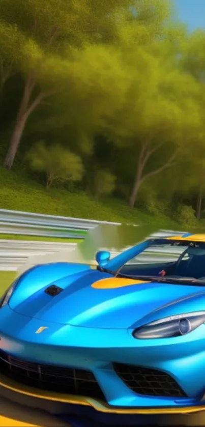 Vibrant blue sports car on a scenic race track with lush green backdrop.