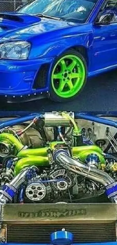 Vibrant blue sports car with neon green wheels and detailed engine view.