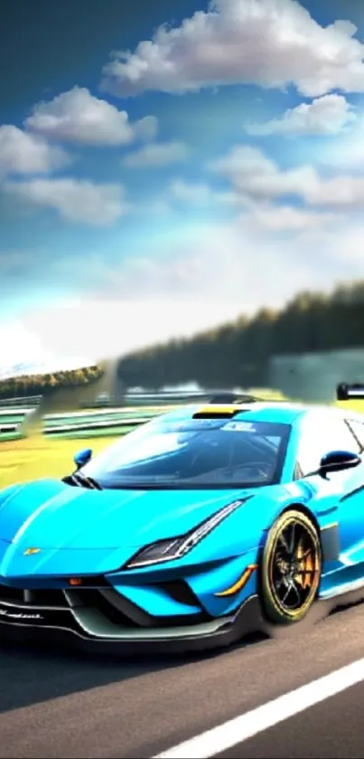 Vibrant blue sports car on a scenic road with a clear sky.