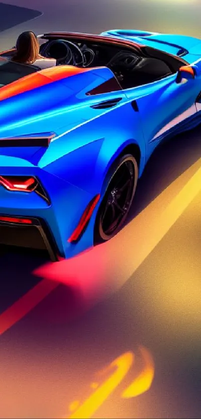 Vibrant blue sports car on a colorful road.