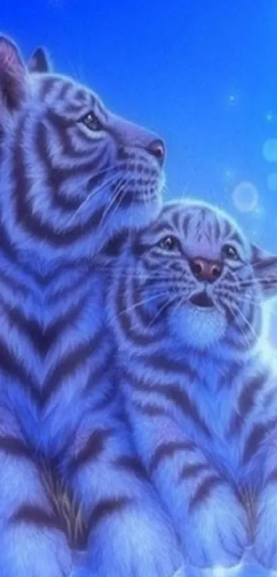 Blue tiger art wallpaper with tiger and cub.