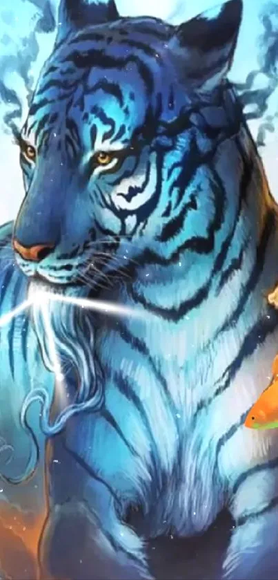 Blue tiger with fish mobile wallpaper art