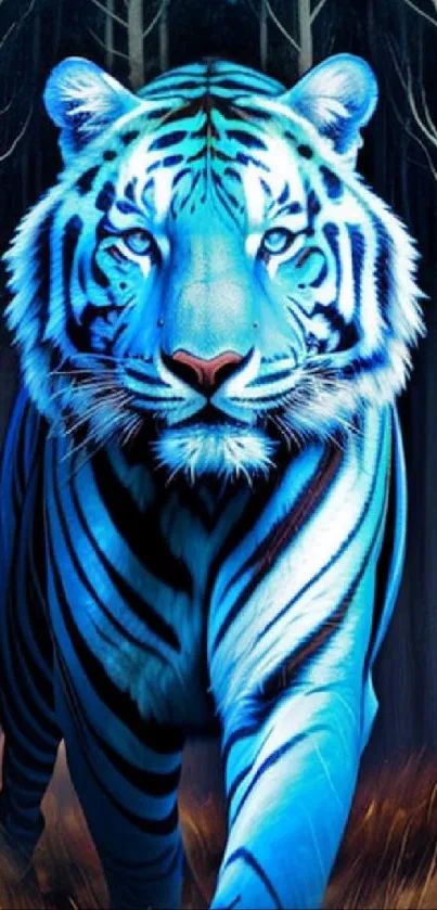 Blue tiger art in a forest, vibrant wallpaper.