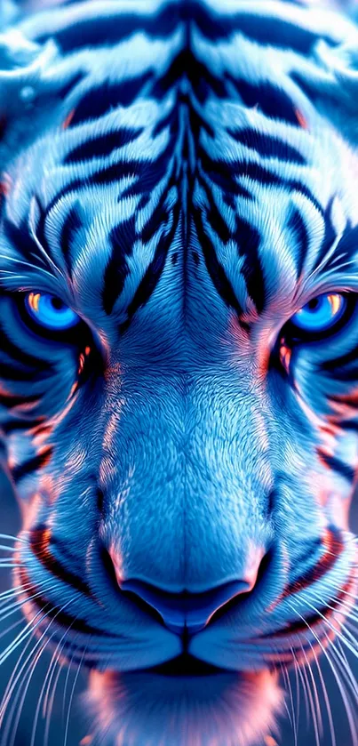 Majestic blue tiger with piercing eyes in a vibrant wallpaper.