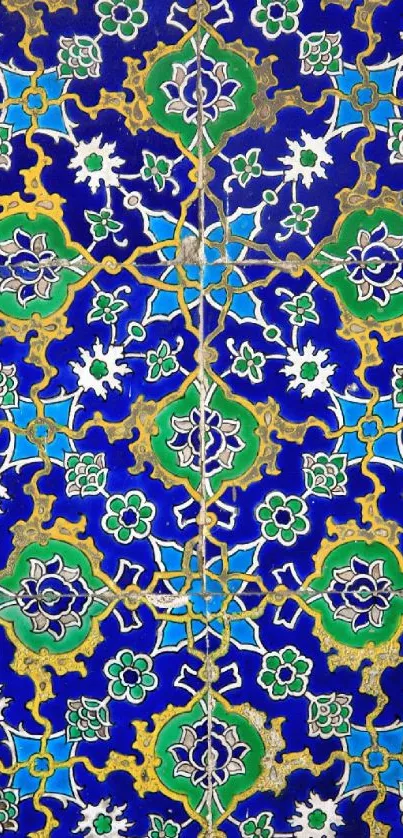 Vibrant blue tile pattern with green and yellow accents.