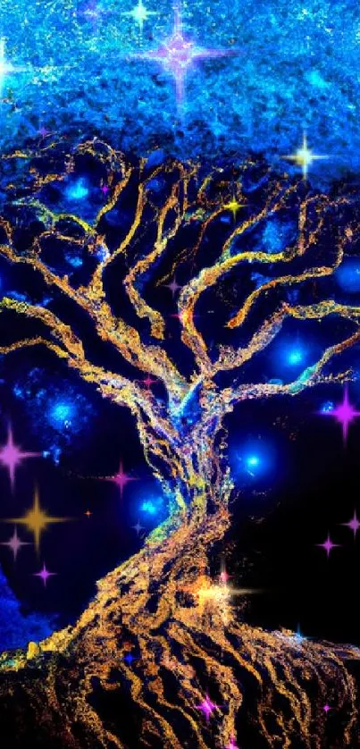 Electric blue tree glowing under a starry night sky, perfect for mobile wallpapers.