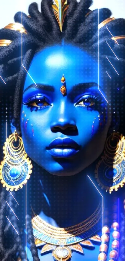 Vibrant blue tribal woman with gold jewelry and face paint.