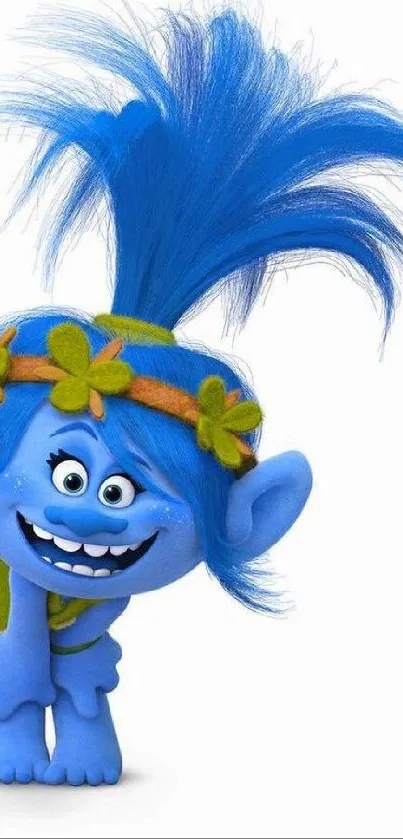 Playful blue troll with vibrant hair smiling.