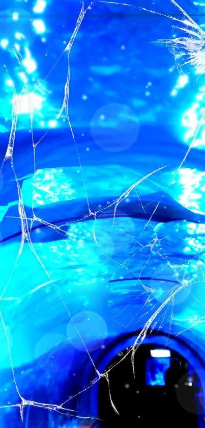 Underwater blue scene with cracked glass effect and glowing bubbles.