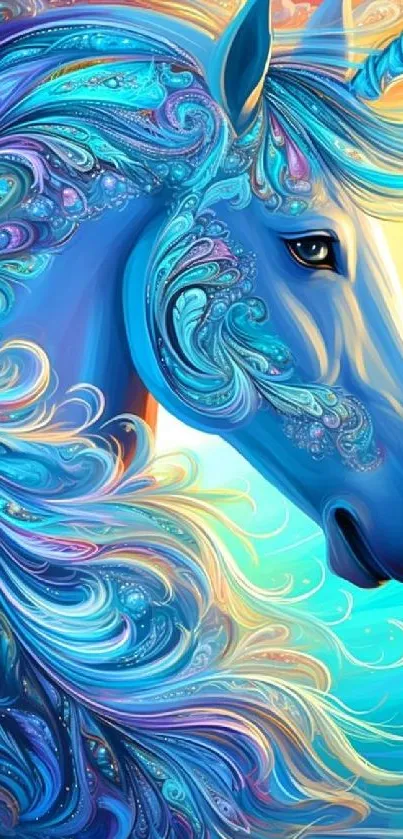 Vibrant blue unicorn with intricate swirls on a colorful background.