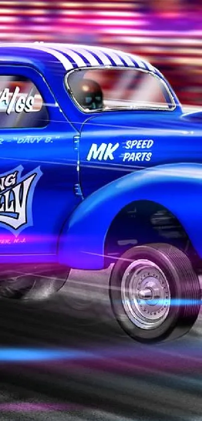 Vibrant blue vintage truck speeding in a dynamic racing scene.