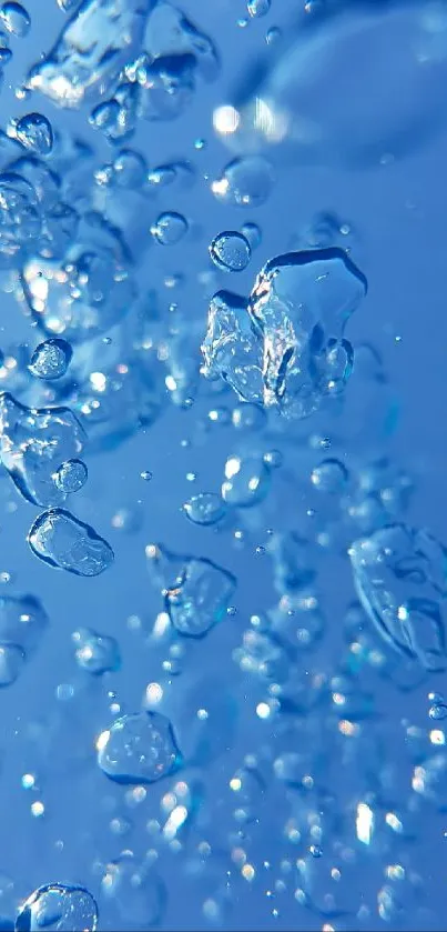 Vibrant blue water droplets in motion on a serene background.