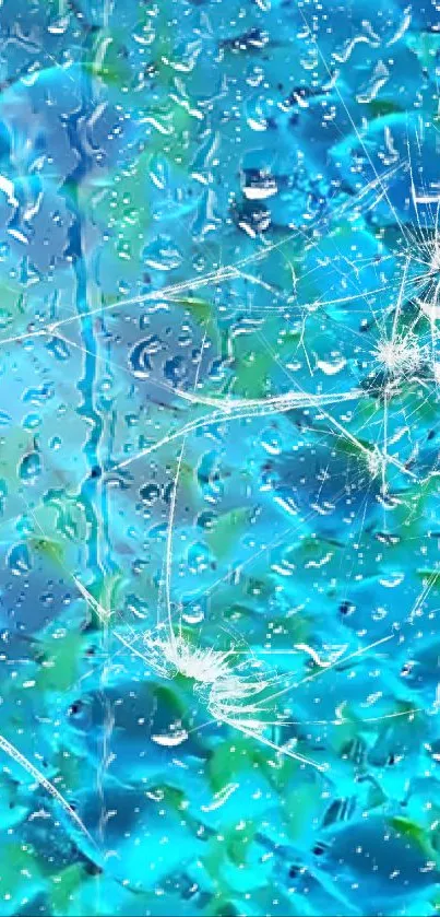 Vibrant phone wallpaper with blue water droplets and light effects.