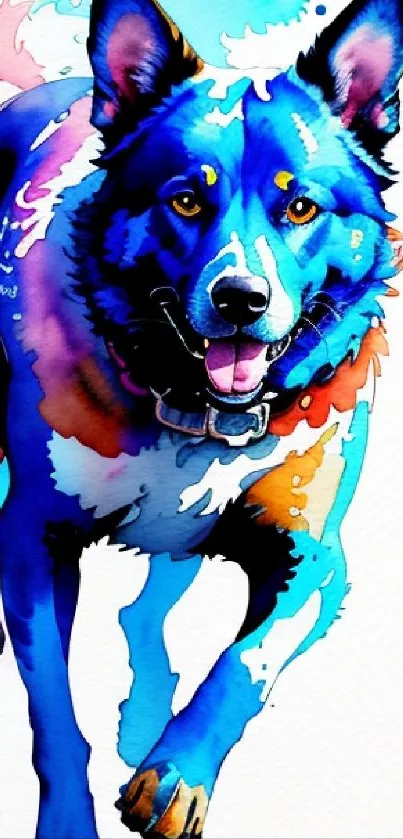 Vibrant blue watercolor dog art with colorful accents.