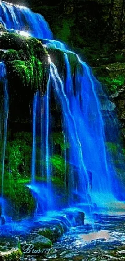 Vibrant blue waterfall amidst lush greenery.