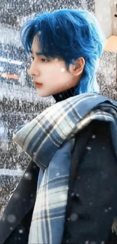 Blue-haired figure in a snowy urban scene with a plaid scarf.