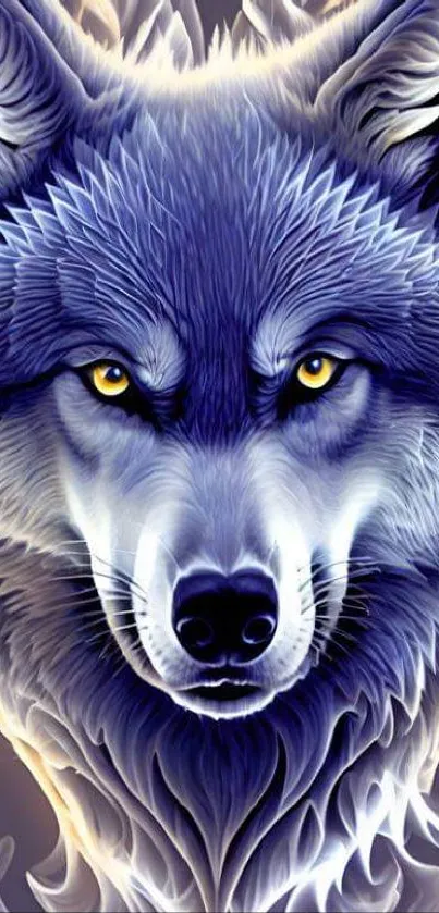 Intricate digital art of a blue wolf with vibrant colors and detailed fur patterns.