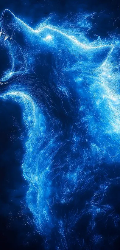 Glowing blue wolf artwork in vibrant hues.