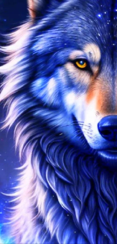 Majestic blue wolf digital art in vibrant colors.