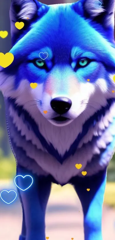 Vibrant blue wolf surrounded by glowing hearts on a phone wallpaper.