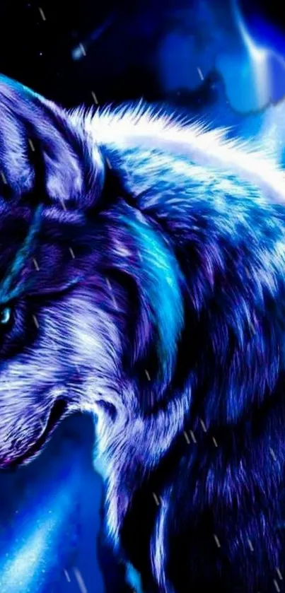 Vibrant blue wolf wallpaper illustration with glowing fur.