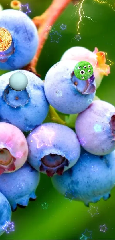 Colorful blueberries with fantasy cosmic elements.