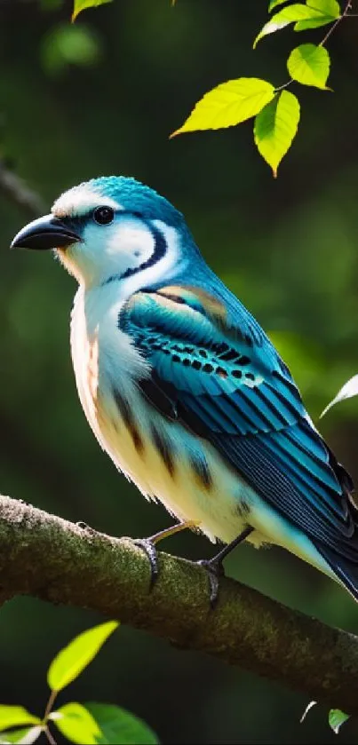 Bluebird perched on a branch amid vibrant green leaves.