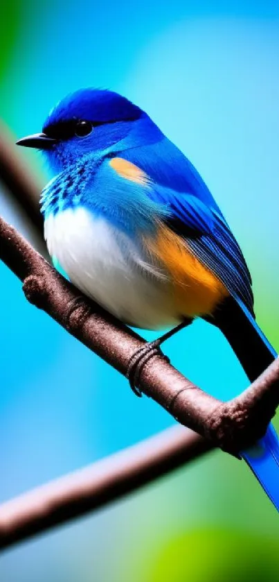 Vibrant blue bird perched on a brown branch with a bright sky background.