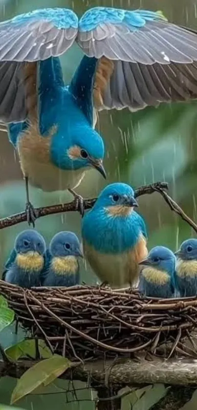 Colorful bluebirds perched in a nest under rainfall.