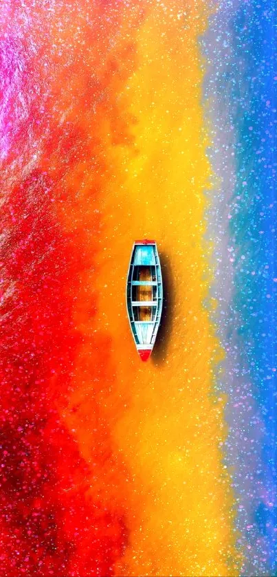 A colorful aerial view of a boat on a vibrant, rainbow-hued river.