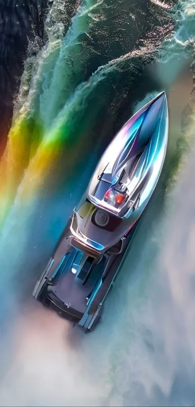 Sleek boat sailing through rainbow-colored waters.