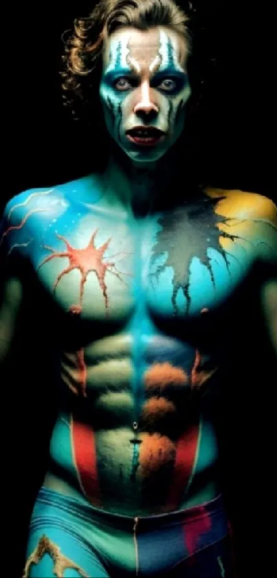 Vibrant body art with colorful paint design on person in dark setting.