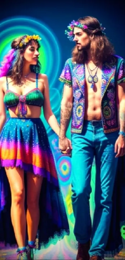 Vibrant bohemian couple with psychedelic patterns and vivid colors.