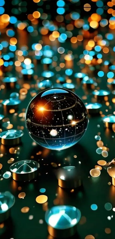 Futuristic wallpaper with glowing spheres and bokeh lights.