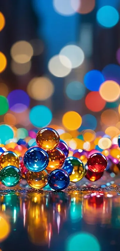 Colorful bokeh beads on a blurred background.