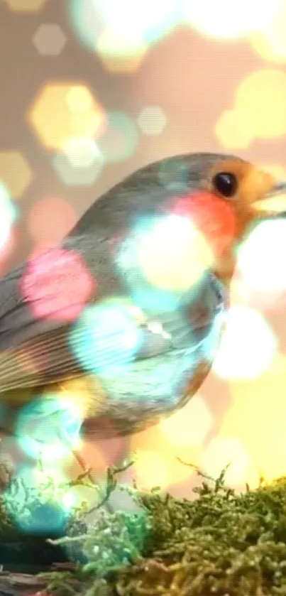 Bird with bokeh lights creating a vibrant, artistic mobile wallpaper.