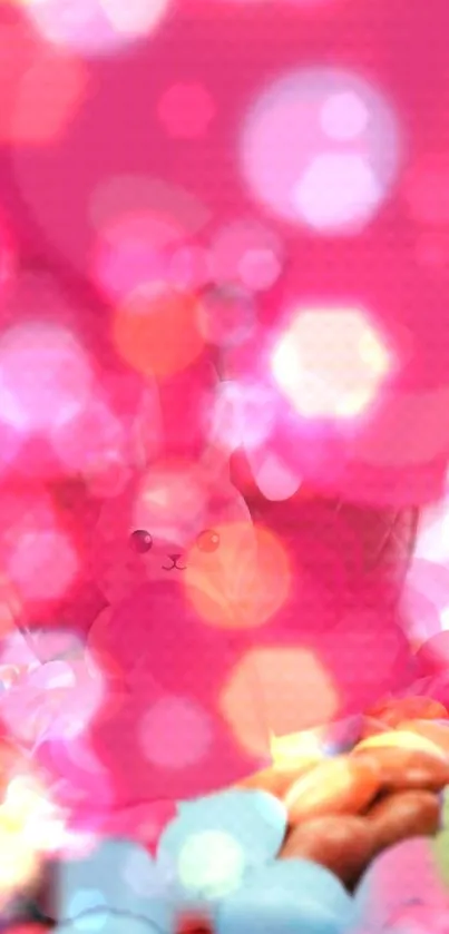 Vibrant phone wallpaper with pink bokeh and hidden bunny.