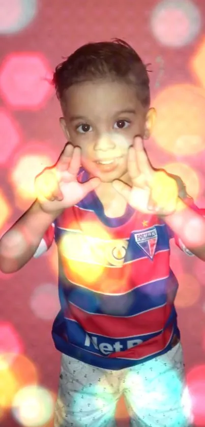 Smiling child with bokeh light effects in vibrant colors.