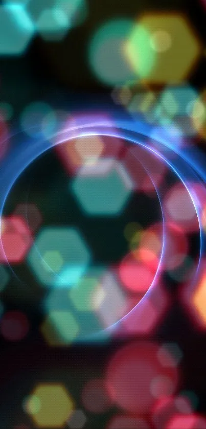 Mobile wallpaper with vibrant bokeh lights in circular design and hexagonal shapes.