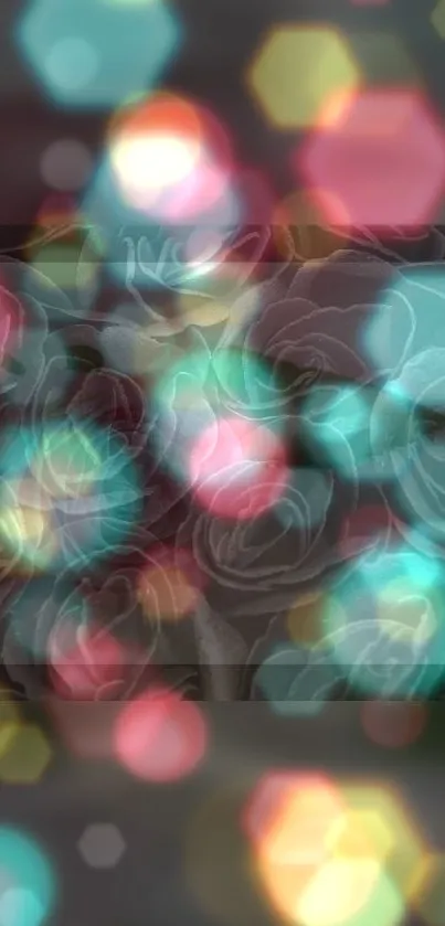 Colorful bokeh floral wallpaper with glowing hexagon shapes on a dark background.